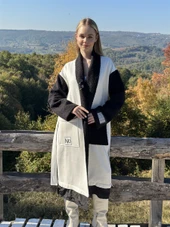 KADIN ÜÇ İPLİK ŞARDONLU KALIN PENYE TASARIM KABAN BEYAZ - BUTİK ESRA KANDEMİR A1732 thumbnail 1