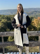 KADIN ÜÇ İPLİK ŞARDONLU KALIN PENYE TASARIM KABAN BEYAZ - BUTİK ESRA KANDEMİR A1732 thumbnail 4