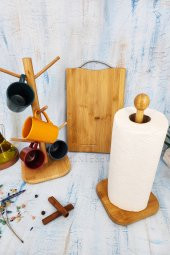 3 lü Ahşap Bambu Mutfak Seti Fincan Askılığı Askısı Kesme Tahtası Kağıt Havluluk thumbnail 1