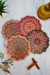 Renkli Desenli Nihale Ahşap Tencere Tava Çaydanlık Atlığı Nihale Seti 4 lü Set thumbnail 1