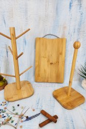 3 lü Ahşap Bambu Mutfak Seti Fincan Askılığı Askısı Kesme Tahtası Kağıt Havluluk thumbnail 2
