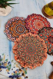 Renkli Desenli Nihale Ahşap Tencere Tava Çaydanlık Atlığı Nihale Seti 4 lü Set thumbnail 2