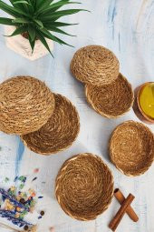 6 Adet Hasır Çerezlik Doğal Çerezlik Yuvarlak Sunum Kase ( Doğal Hasır ) thumbnail 3