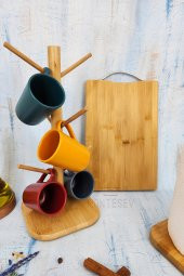 3 lü Ahşap Bambu Mutfak Seti Fincan Askılığı Askısı Kesme Tahtası Kağıt Havluluk thumbnail 3