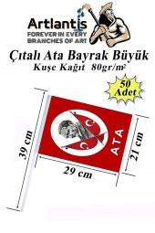 Çıtalı Ata Bayrak Kağıt 21x29 cm 50 Adet Atalı Bayrak Çıtalı Sopalı Büyük Bayrak Plastik Çubuklu Bayrak - 1