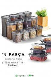 Rossel Premium Lüks Füme Yatay saklama kabı seti ile 18 Parça Erzak-Baharat-Kahvaltılık Saklama Kabı Etiket Hediyeli - 1