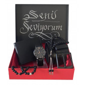 Erkek Kol Saati Seti Siyah Saat Tesbih Cüzdan Kemer Kredi Kartlık 2 Bileklik - 1