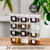 Porsima 430 Çok Amaçlı Etiketli Baharatlık Kahvaltılık 12 li Kapaklı Saklama Kabı 600 cc Şeffaf - 1