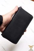 Telefon Bölmeli Fermuarlı Cüzdan Büyük Paraportföy El Çantası CRAZY SİYAH - 1