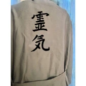 Yoga Reiki Nakışlı Oversize Keten Kısa Ceket Kimono / Kaftan Haki Rengi - 1