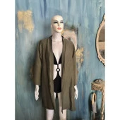 Yoga Reiki Nakışlı Oversize Keten Kısa Ceket Kimono / Kaftan Haki Rengi - 3