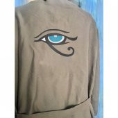 Horus'un Gözü Nakışlı Oversize Keten Kısa Ceket Kimono / Kaftan Haki Rengi - 1