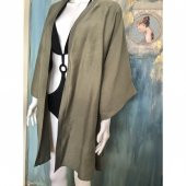 Ham Nakışlı Oversize Keten Kısa Ceket Kimono / Kaftan Haki Rengi - 5