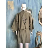 Yoga Life Nakışlı Oversize Keten Kısa Ceket Kimono / Kaftan Haki Rengi - 2