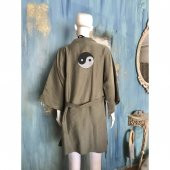 Denge Nakışlı Oversize Keten Kısa Ceket Kimono / Kaftan Haki Rengi - 1