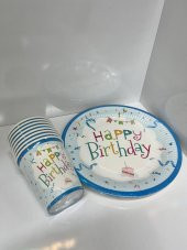 Happy Bırthday Karton Tabak Bardak Mavi 8 li - 1