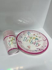 Happy Bırthday Karton Tabak Bardak Pembe 8 li - 1