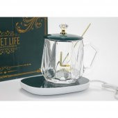 Porselen Kapaklı Isıtıcılı Cam Kupa Bardak Dekoratif Hediyelik - 1