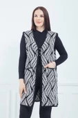 Kadın Krem Desenli Cepli Uzun Kışlık Triko Anne Yelek - 3