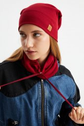 Bordo 3'ü BİR ARADA Balıkçı  Style Bere +İpli  Bere + Boyunluk Hafif, %100 Pamuklu Kışlık Set - 1