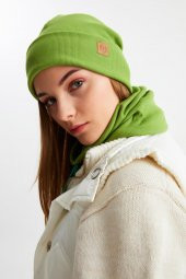 Yeşil 3'ü BİR ARADA Balıkçı  Style Bere +İpli  Bere + Boyunluk Hafif, %100 Pamuklu Kışlık Set - 5