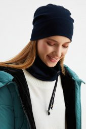 Lacivert 3'ü BİR ARADA Balıkçı  Style Bere +İpli  Bere + Boyunluk Hafif, %100 Pamuklu Kışlık Set - 3