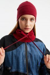 Bordo 3'ü BİR ARADA Balıkçı  Style Bere +İpli  Bere + Boyunluk Hafif, %100 Pamuklu Kışlık Set - 2