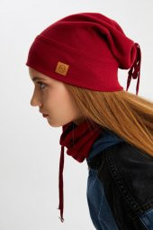 Bordo 3'ü BİR ARADA Balıkçı  Style Bere +İpli  Bere + Boyunluk Hafif, %100 Pamuklu Kışlık Set - 5
