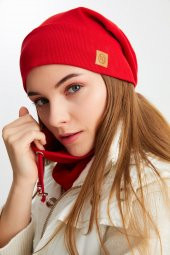 Kırmızı 3'ü BİR ARADA Balıkçı  Style Bere +İpli  Bere + Boyunluk Hafif, %100 Pamuklu Kışlık Set - 2