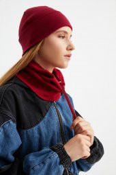 Bordo 3'ü BİR ARADA Balıkçı  Style Bere +İpli  Bere + Boyunluk Hafif, %100 Pamuklu Kışlık Set - 8