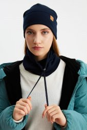 Lacivert Kadın Balıkçı Style Pamuklu Kaşkorse, Terletmez, Ultra Hafif, Yumuşak Bere Boyunluk Takım - 1