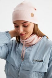 Pudra Kadın Balıkçı Style Pamuklu Kaşkorse, Terletmez, Ultra Hafif, Yumuşak Bere Boyunluk Takım - 2