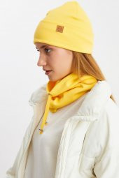 Sarı Kadın Balıkçı Style Pamuklu Kaşkorse, Terletmez, Ultra Hafif, Yumuşak Bere Boyunluk Takım - 4