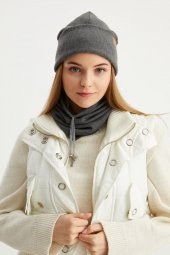 Füme Kadın Balıkçı Style Pamuklu Kaşkorse, Terletmez, Ultra Hafif, Yumuşak Bere Boyunluk Takım - 5