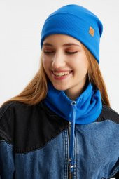 Mavi Kadın Balıkçı Style Pamuklu Kaşkorse, Terletmez, Ultra Hafif, Yumuşak Bere Boyunluk Takım thumbnail 2