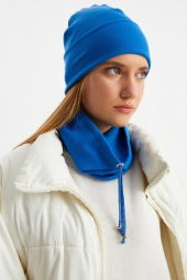 Mavi Kadın Balıkçı Style Pamuklu Kaşkorse, Terletmez, Ultra Hafif, Yumuşak Bere Boyunluk Takım thumbnail 3