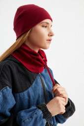 Bordo Kadın Balıkçı Style Pamuklu Kaşkorse, Terletmez, Ultra Hafif, Yumuşak Bere Boyunluk Takım - 3