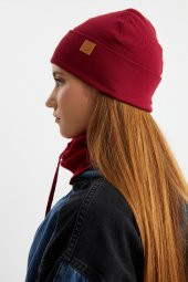 Bordo Kadın Balıkçı Style Pamuklu Kaşkorse, Terletmez, Ultra Hafif, Yumuşak Bere Boyunluk Takım - 6
