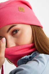 Pembe Kadın Balıkçı Style Pamuklu Kaşkorse, Terletmez, Ultra Hafif, Yumuşak Bere Boyunluk Takım - 7