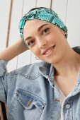 Turquaz siyah Desenli Bandana Saç Bandı Ekstra Yumuşak Esnek Doğal Pamuklu Penye - 3