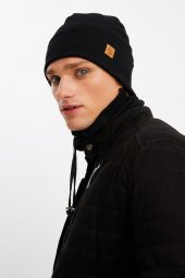 Siyah Erkek Balıkçı Style Pamuklu Kaşkorse, Terletmez, Ultra Hafif, Yumuşak Bere Boyunluk Takım - 1