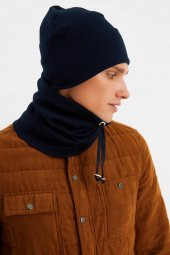 Lacivert Erkek Balıkçı Style Pamuklu Kaşkorse, Terletmez, Ultra Hafif, Yumuşak Bere Boyunluk Takım - 4