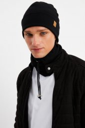 Siyah Erkek Balıkçı Style Pamuklu Kaşkorse, Terletmez, Ultra Hafif, Yumuşak Bere Boyunluk Takım - 2