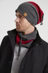 Erkek Genç yeni sezon füme kırmızı parçalı ipli Şapka Bere boyunluk Takım -Spor,Rahat,pamuklu TERMAL thumbnail 1