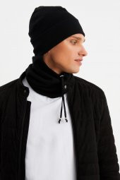 Siyah Erkek Balıkçı Style Pamuklu Kaşkorse, Terletmez, Ultra Hafif, Yumuşak Bere Boyunluk Takım - 3