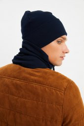 Lacivert Erkek Balıkçı Style Pamuklu Kaşkorse, Terletmez, Ultra Hafif, Yumuşak Bere Boyunluk Takım - 6