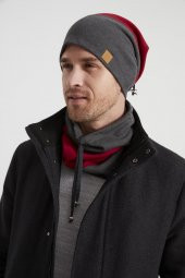 Erkek Genç yeni sezon füme kırmızı parçalı ipli Şapka Bere boyunluk Takım -Spor,Rahat,pamuklu TERMAL thumbnail 2