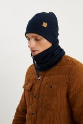 Lacivert Erkek Balıkçı Style Pamuklu Kaşkorse, Terletmez, Ultra Hafif, Yumuşak Bere Boyunluk Takım - 7