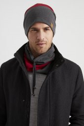 Erkek Genç yeni sezon füme kırmızı parçalı ipli Şapka Bere boyunluk Takım -Spor,Rahat,pamuklu TERMAL thumbnail 4