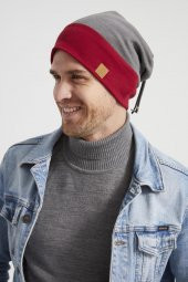 Erkek Genç yeni sezon Kırmızı vişne Gri parçalı ip detaylı Şapka Bere -Spor, Rahat, pamuklu TERMAL thumbnail 1